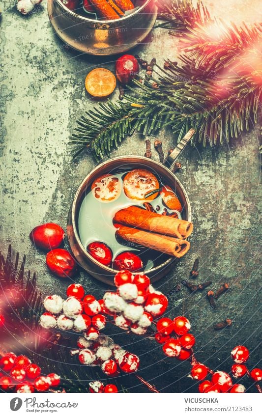 Cup with mulled wine and Christmas decoration Food Herbs and spices Beverage Hot drink Mulled wine Style Design Joy Winter Living or residing