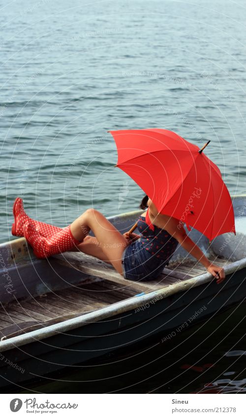 From the fisherman and his wife Woman Adults Wait Nature Water Sky Summer Beautiful weather Shorts Rubber boots Umbrella Red Sit Hope Belief Freedom