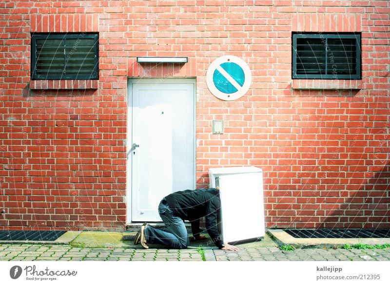 ice age Masculine Man Adults 1 Human being Kneel Crawl Looking Icebox No standing Signs and labeling Door Curiosity Cooling Refrigeration Brick Colour photo