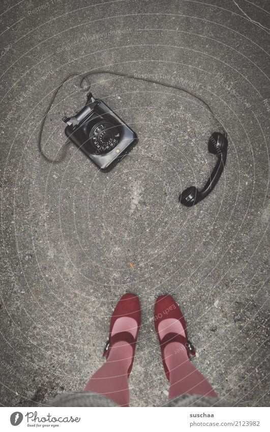 make a phone call Woman Legs feet High heels Stockings Street Stand Asphalt Telephone Analog Retro Old bakelite phone Old fashioned Former Communicate