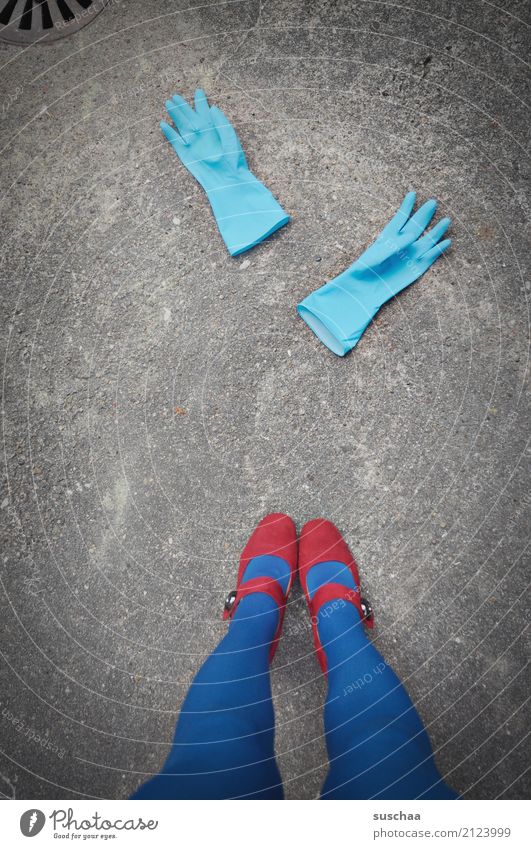 Clean Gloves Cleaning Cleaner Tidy up feminine Legs Feet Stand High heels Footwear Tights Blue Red Street Asphalt