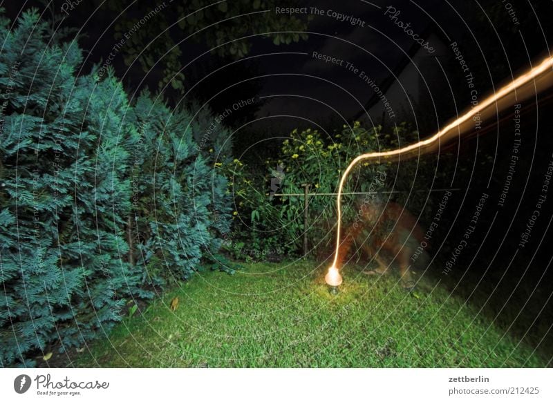 Flashing again Garden 1 Human being Landscape Plant Bright Hedge Grass Lamp Night Hazy Ghosts & Spectres  Long exposure Tracer path Colour photo Exterior shot