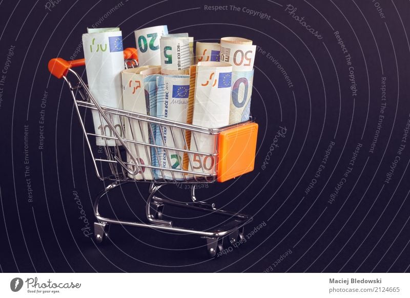 Shopping cart filled with Euro bill rolls. Money Economy Financial Industry Financial institution Business Success Save Society Future euro credit