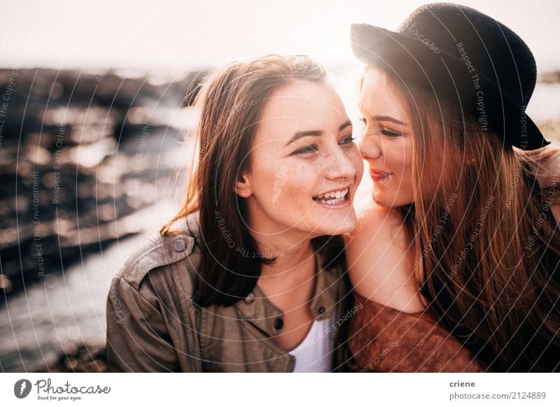 Two female best friends having fun together Lifestyle Joy Leisure and hobbies Beach Human being Feminine Young woman Youth (Young adults) Woman Adults