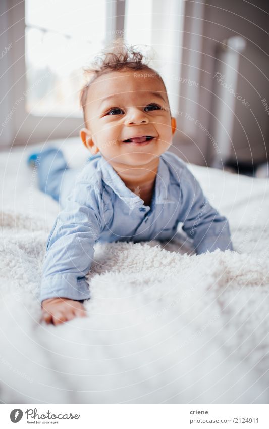 Cute little boy crawling on the bed smiling Lifestyle Happy Bedroom Child Baby Toddler Boy (child) Infancy Smiling Bright Offspring Newborn Son enjoying Home