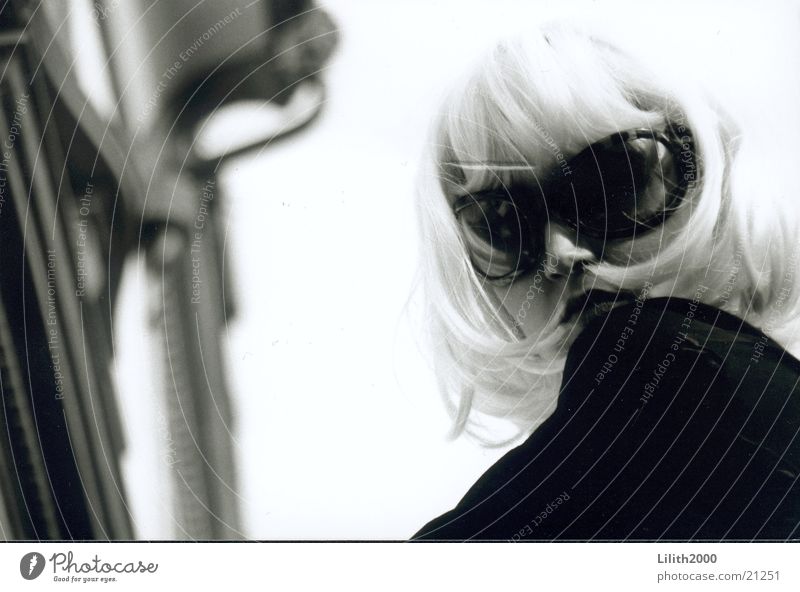Blondie 1 Woman Blonde Wig Feminine Sunglasses Facade Black & white photo