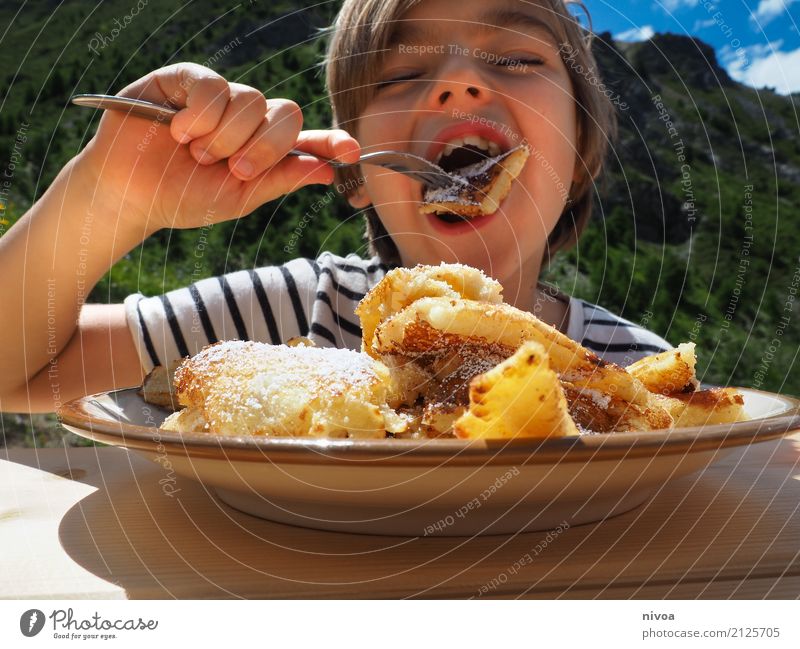 charmless Food Dairy Products Dough Baked goods Dessert Confectioner`s sugar Kaiserschmarrn Nutrition Eating Plate Fork Human being Masculine Child Boy (child)