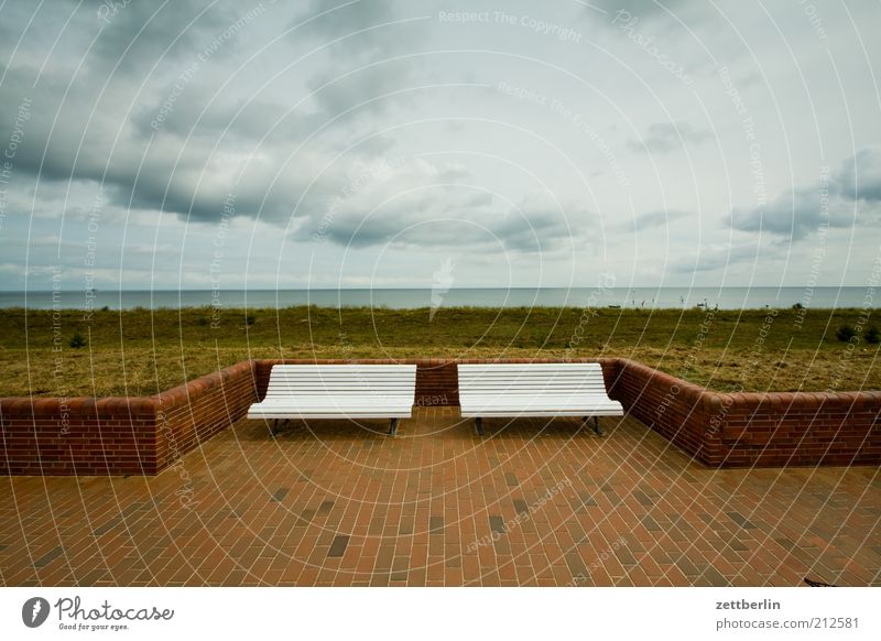 Two benches, one sea Vacation & Travel Ocean Environment Nature Landscape Sky Clouds Summer Baltic Sea Far-off places Longing Wanderlust Loneliness