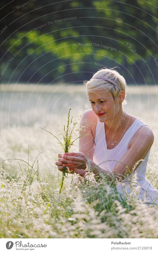 #A# Wide field Art Esthetic Grass Meadow Dress Meadow flower Laughter Blonde Field Garden Park Crouch Crouching Accumulate Pick Colour photo Subdued colour