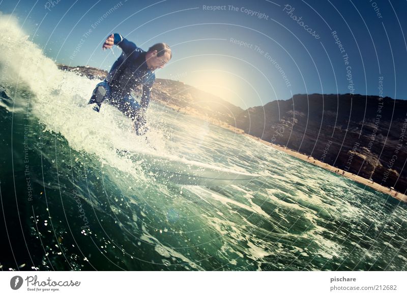 top turn Lifestyle Leisure and hobbies Aquatics Masculine Man Adults Elements Water Drops of water Summer Beautiful weather Waves Coast Ocean Movement Sports