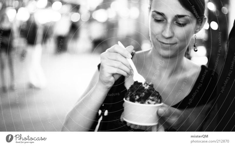 New York City Nights. Lifestyle Elegant Style Leisure and hobbies Esthetic Black & white photo Woman Consumption Ice cream Delicious Nutrition Attempt