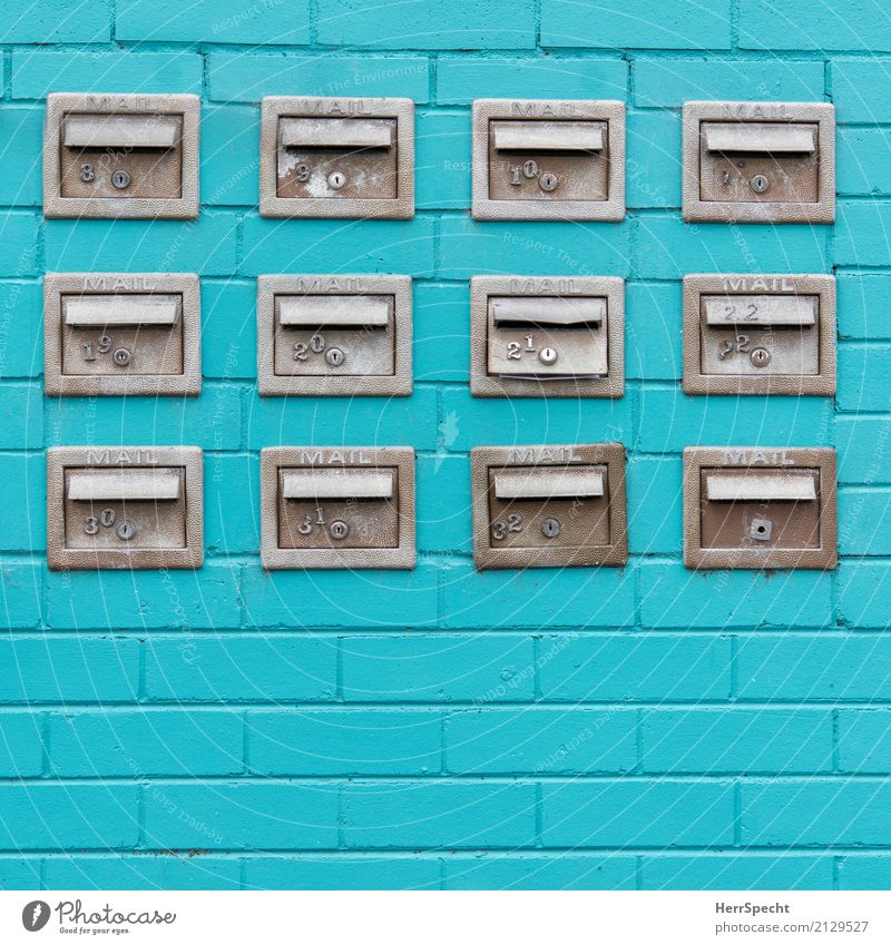 Post Boxes Town Manmade structures Building Wall (barrier) Wall (building) Facade Mailbox Metal Sharp-edged Small Many Gray Turquoise Apartment house