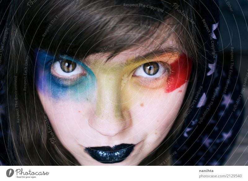 Young woman with rainbow make up Exotic Skin Face Make-up Lipstick Carnival Human being Feminine Youth (Young adults) 1 18 - 30 years Adults Hooded (clothing)