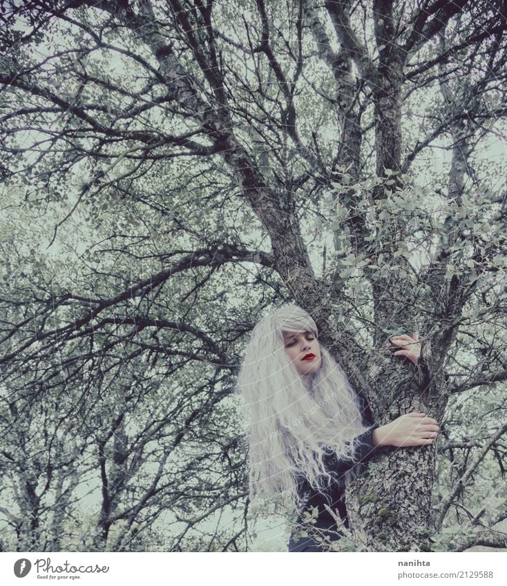 Young woman with white hair is hugging a tree Human being Feminine Youth (Young adults) 1 18 - 30 years Adults Environment Nature Autumn Winter Tree Forest