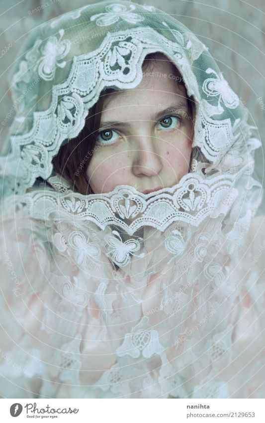 Young and shy woman covered by a lace cloth Elegant Exotic Skin Face Human being Feminine Young woman Youth (Young adults) 1 18 - 30 years Adults Lace Headscarf