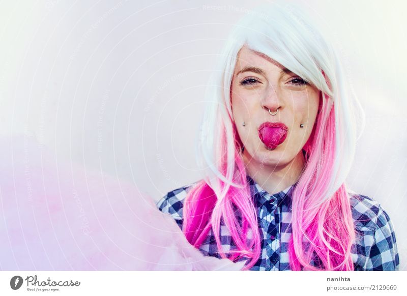 Alternative teenager sticking out her tongue Food Cotton candy Lifestyle Style Joy Freckles Feasts & Celebrations Human being Feminine Young woman