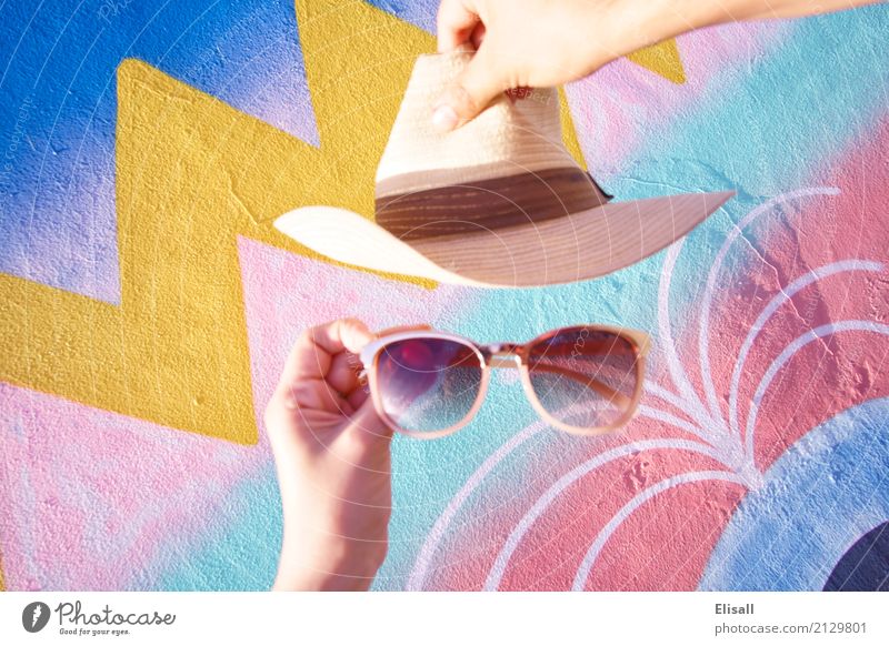 Summer fun hat and sunglasses Lifestyle Style Joy Vacation & Travel Tourism Adventure Sightseeing Summer vacation Art Work of art Town Wall (barrier)