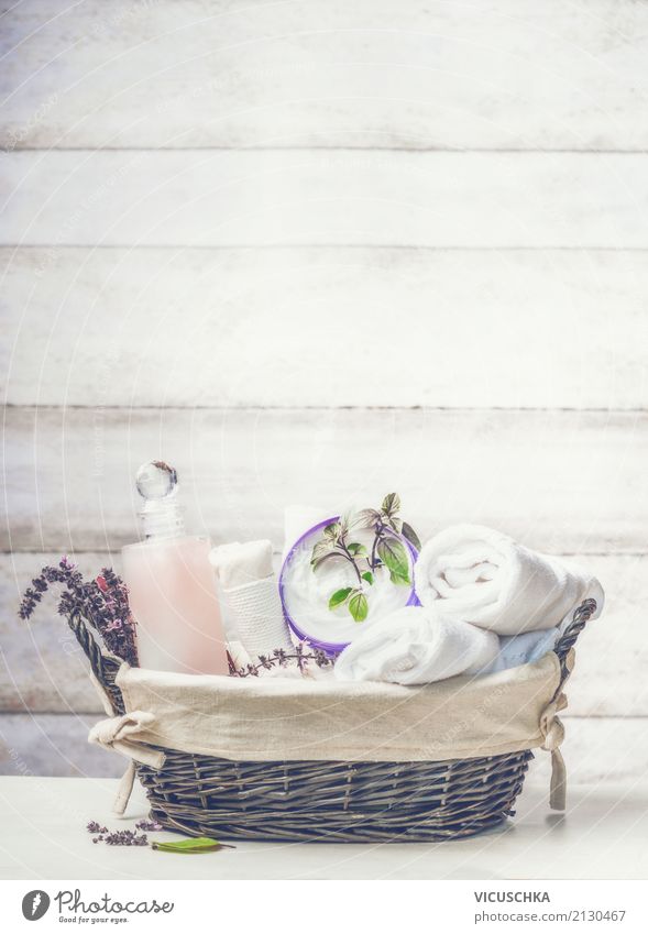 Basket with spa, wellness accessories Lifestyle Style Design Beautiful Personal hygiene Cosmetics Cream Healthy Wellness Relaxation Spa Massage