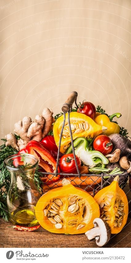 Basket with seasonal harvest vegetables and pumpkin Food Vegetable Herbs and spices Cooking oil Nutrition Lunch Organic produce Vegetarian diet Diet Shopping