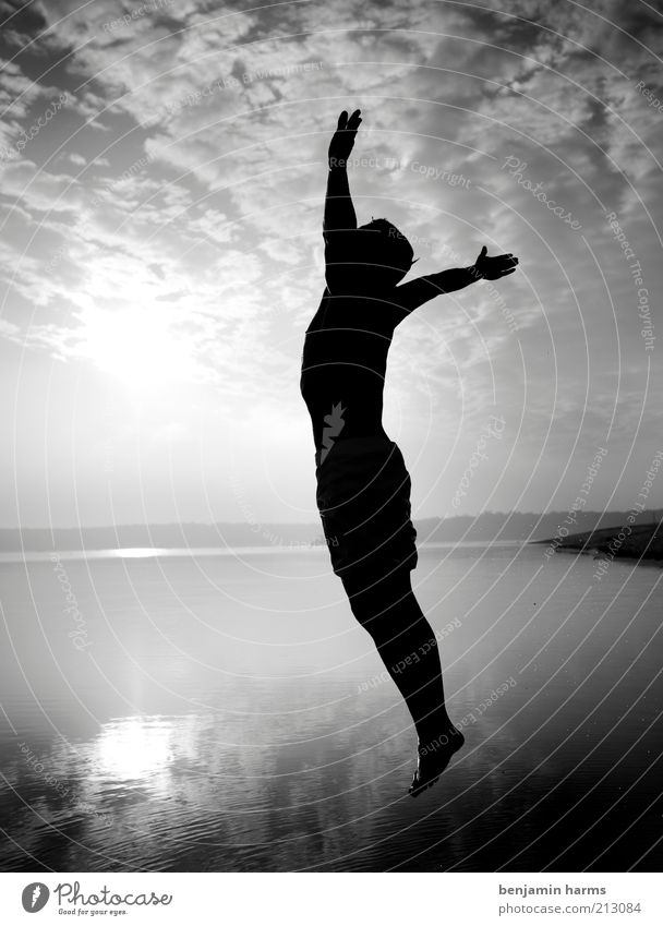 jump Life Freedom Masculine Young man Youth (Young adults) Man Adults 18 - 30 years Jump Infinity Brave Black & white photo Exterior shot Morning Silhouette