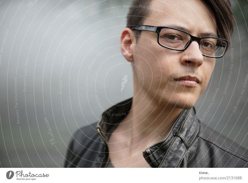 . Masculine Man Adults 1 Human being Jacket Eyeglasses Brunette Short-haired Designer stubble Observe Think Looking Wait Exceptional Curiosity Rebellious