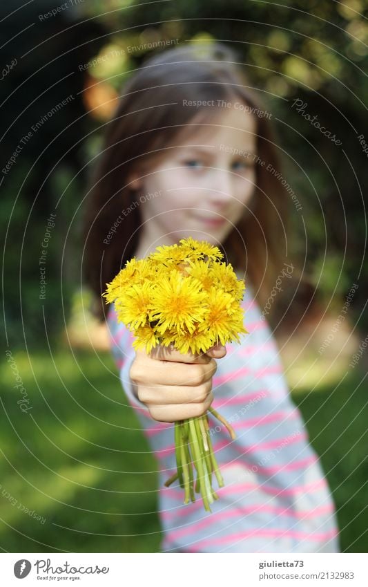 For you! | Girl with dandelion bouquet Feminine Child girl 1 Human being 8 - 13 years Infancy brunette Blonde Long-haired smile Friendliness luck Positive
