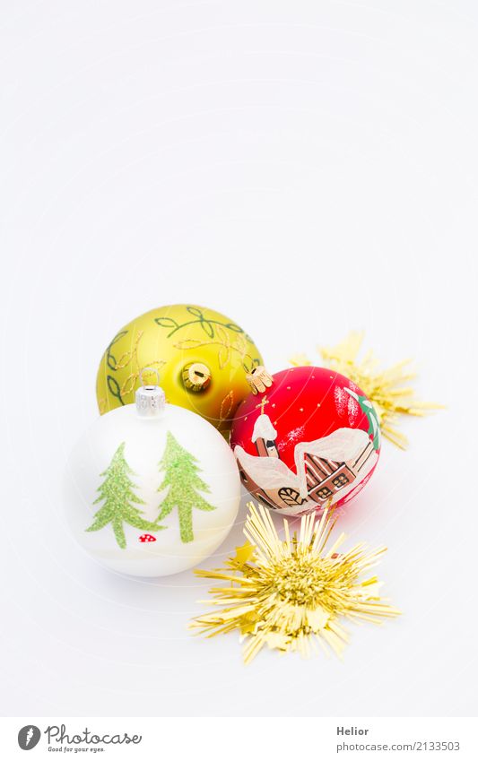 Three Christmas tree balls with golden stars Design Joy Feasts & Celebrations Christmas & Advent Glass Ornament Sphere Glittering Round Gold Green Red White