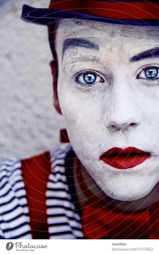 Young man with clown make up and blue eyes Style Design Make-up Carnival Hallowe'en Human being Masculine Youth (Young adults) 1 18 - 30 years Adults Art Artist