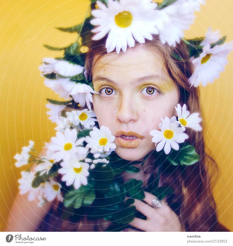 Artistic portrait of a young woman with a lot of daisies Style Exotic Beautiful Face Make-up Wellness Human being Feminine Young woman Youth (Young adults) 1