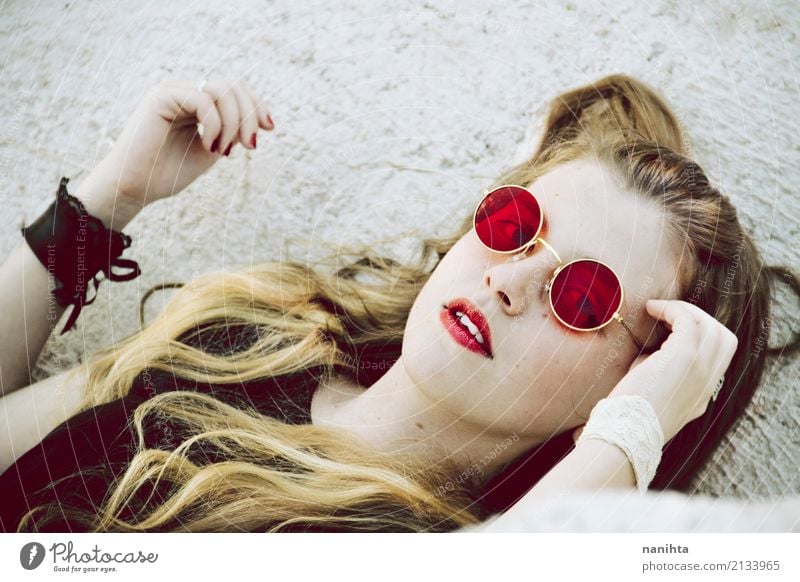 Young blonde woman with red sunglasses Lifestyle Style Beautiful Skin Face Human being Feminine Young woman Youth (Young adults) 1 18 - 30 years Adults