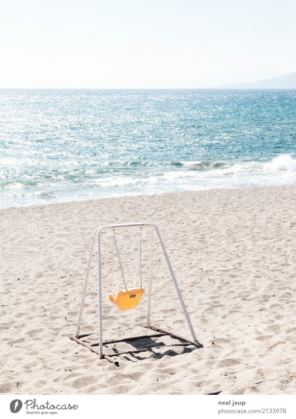 Fun must be Children's game Summer vacation Coast Beach Ocean Crete Deserted Toys Swing Playing Sadness Wait Blue Yellow Loneliness Leisure and hobbies Joy