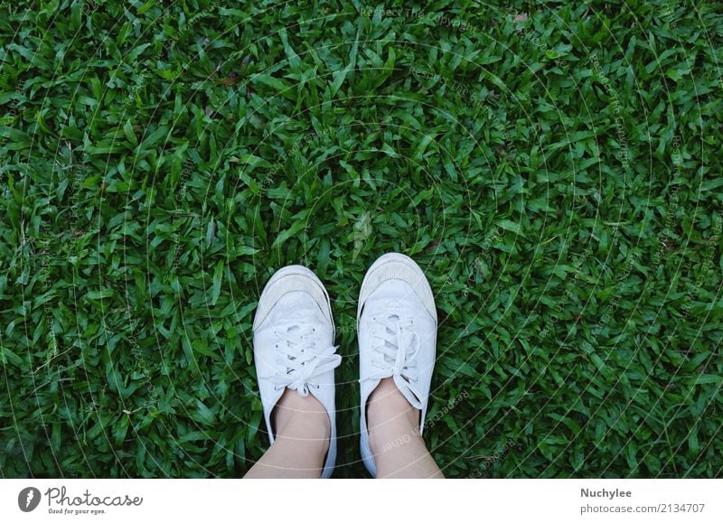 Selfie of feet in sneakers shoes on grass Lifestyle Style Vacation & Travel Adventure Freedom Summer Human being Feet Nature Spring Grass Meadow Fashion