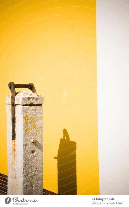yellow press Architecture Wall (barrier) Wall (building) Facade Stone wall Rust Old Historic Dry Yellow White Past Stele Shadow Graffiti Summer Colour photo