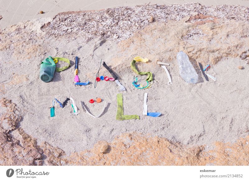 plastic waste Beach Ocean Environment Sand Sunlight Coast Packaging Plastic packaging Trash Plastic waste Plastic bag Characters writing Text Dirty