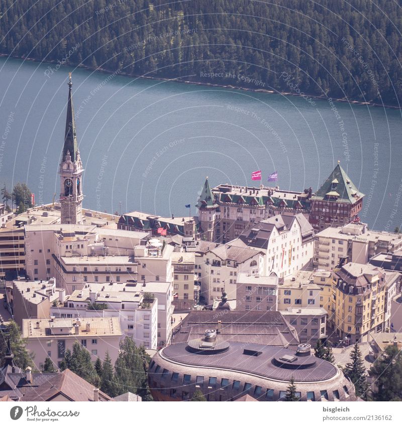 St. Moritz Switzerland Europe Town Downtown Skyline Church Blue Green Lake Colour photo Subdued colour Exterior shot Deserted Day