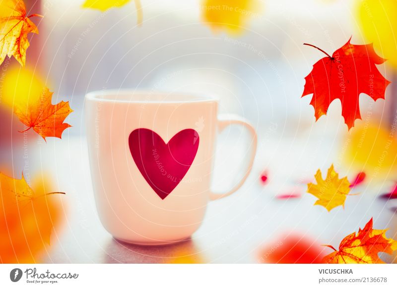 Tea cup with heart and falling colorful autumn leaves Beverage Hot Chocolate Coffee Cup Style Design Life Living or residing Garden Nature Autumn Plant Leaf
