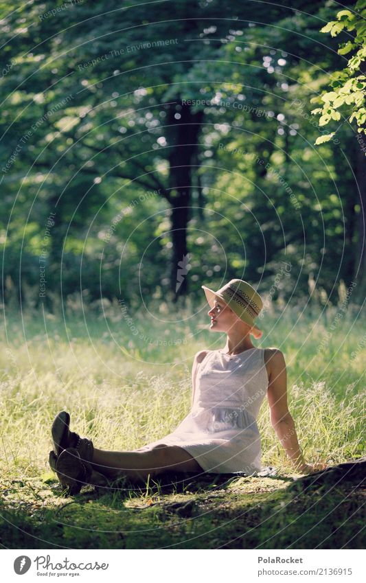 #A# relax 1 Human being Esthetic Grass Idyll Woman Sit To enjoy Forest Park Hat Meadow Summer Exterior shot Relaxation White Dress Colour photo Multicoloured