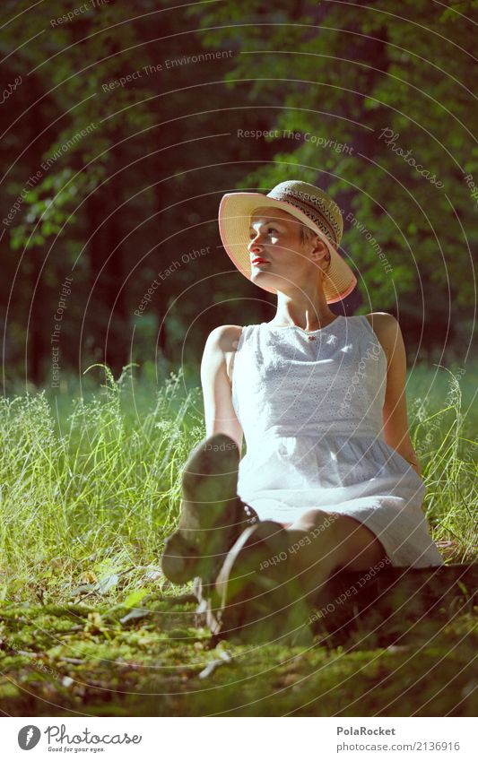 #A# Day in the park Art Esthetic Woman Hat Summer Summery Park Meadow Forest Green Nature Nature reserve Dress White Sunbeam Sit To enjoy Relaxation