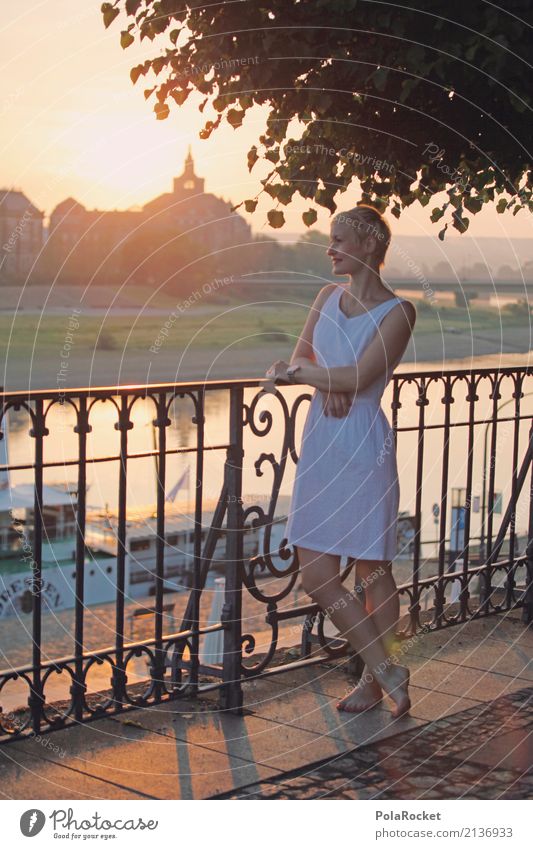 #A# Metropolitan romance Art Work of art Esthetic Woman Dresden Elbufer Steamer Romance Idyll Peaceful Morning Skyline Sun Sunbeam Handrail Lean Elbe Dress