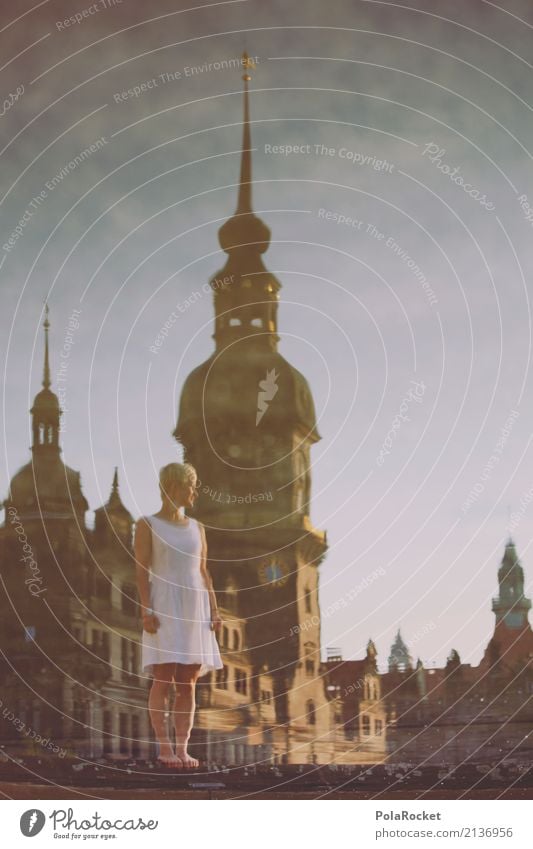#A# Dresden City Hall Art Esthetic Reflection City hall Baroque Dress Old town Tower Surface of water Woman Girl Surrealism Dream Gorgeous Dream world