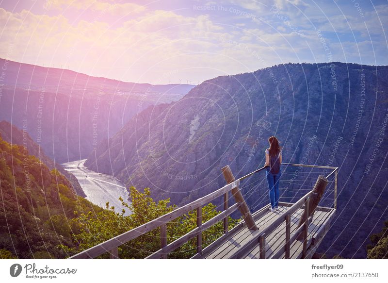Girl looking at the landscape on a balcony Relaxation Vacation & Travel Tourism Trip Adventure Far-off places Expedition Summer Summer vacation Mountain Hiking