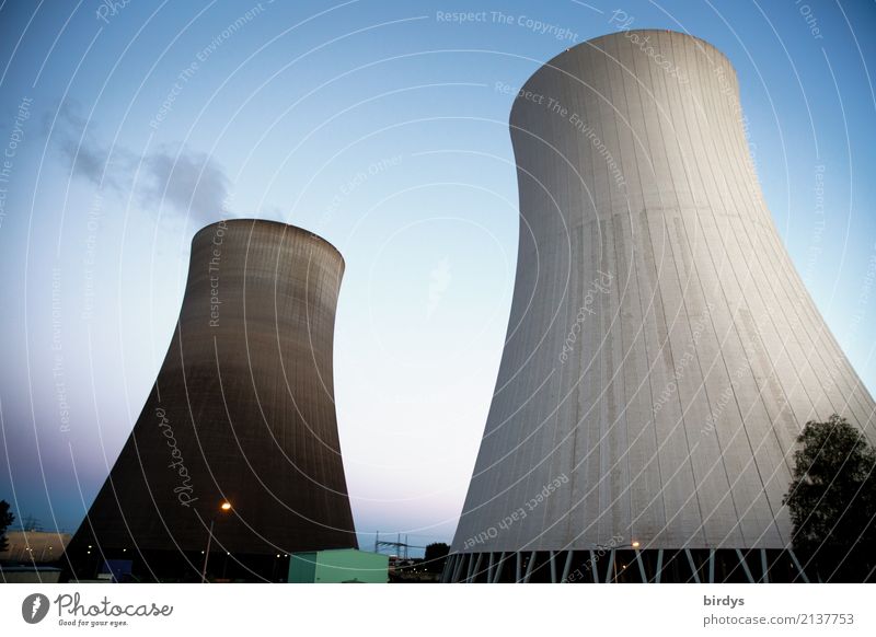 Nuclear power? - No, thanks. Energy industry Nuclear Power Plant Cloudless sky Summer Philippsburg Cooling tower Threat Gigantic Tall Blue Gray Concern