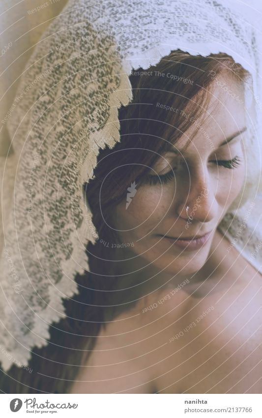 Young beautiful woman covered by lace Style Beautiful Freckles Relaxation Meditation Human being Feminine Young woman Youth (Young adults) 1 18 - 30 years