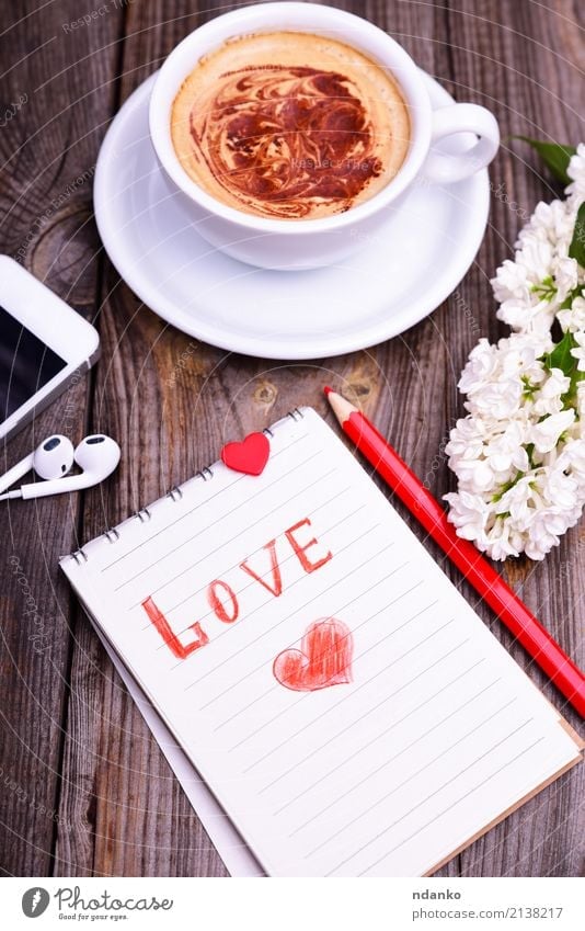 Notepad in a line with an inscription Breakfast To have a coffee Hot drink Coffee Mug PDA Flower Wood Heart Blossoming Love Gray Red White notebook cup