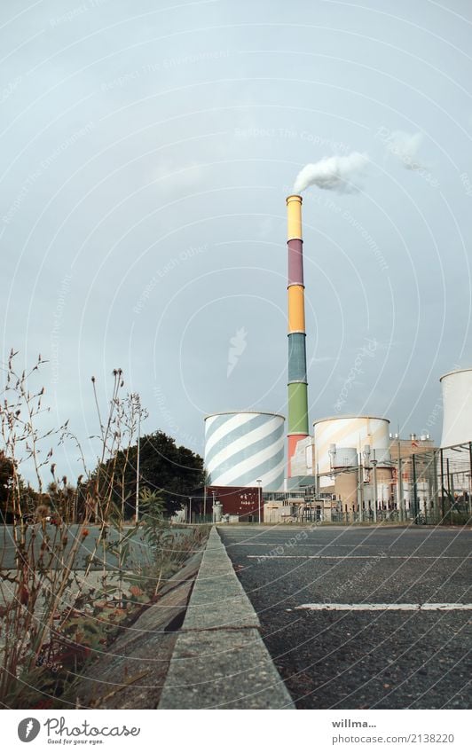 Combined heat and power plant with colorfully painted chimney and cooling towers in Chemnitz Chimney Tall variegated Industry Energy industry Industrial plant