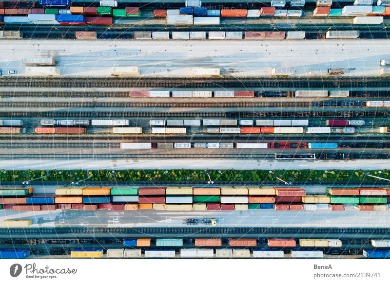 Freight trains and freight containers in a container terminal Economy Industry Trade Logistics Business Technology Transport Means of transport