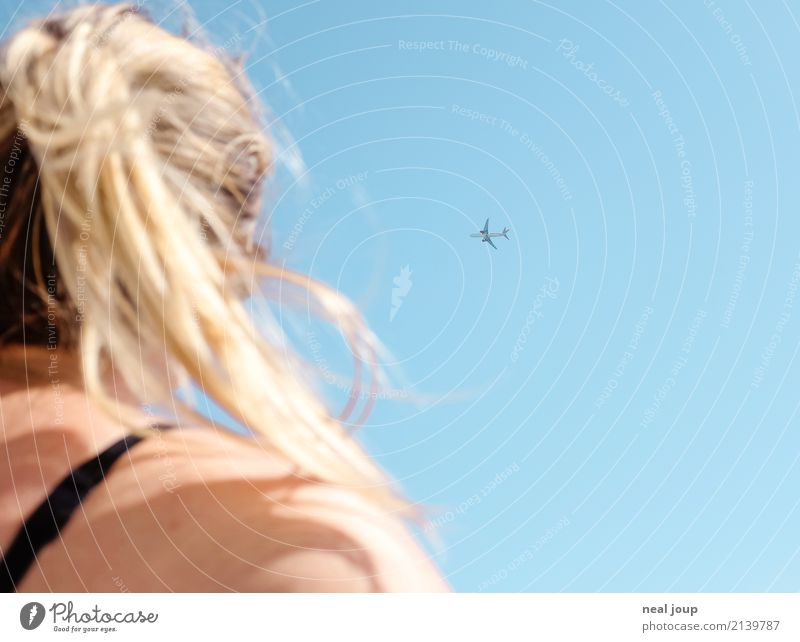 wanderlust Vacation & Travel Summer vacation Aviation Feminine Young woman Youth (Young adults) Cloudless sky Airplane Flying Looking Dream Free Blue Wanderlust