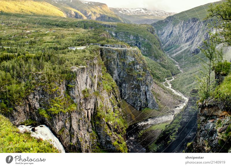 Eidfjord, Norway Environment Nature Landscape Plant Elements Earth Summer Climate Beautiful weather Grass Bushes Rock Mountain Peak Canyon Fjord Waterfall