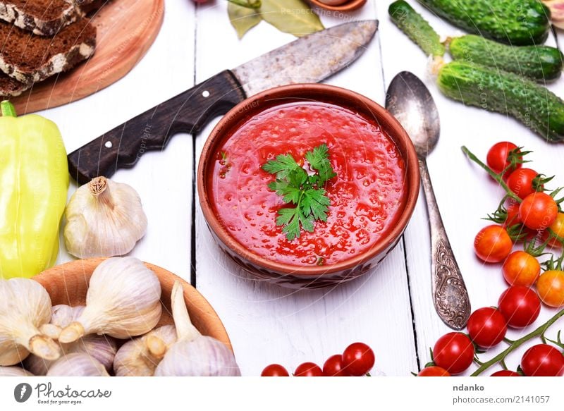 Soup of fresh vegetables gazpacho Vegetable Bread Stew Herbs and spices Nutrition Lunch Dinner Vegetarian diet Diet Plate Knives Spoon Table Kitchen Wood Fat