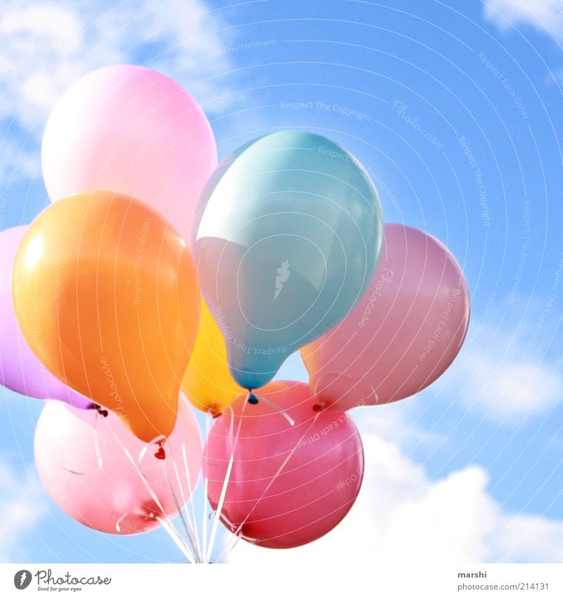 So close to heaven Sky Clouds Multicoloured Balloon Flying Floating Birthday Occasion Freedom Beautiful Beautiful weather Colour photo Exterior shot Sunlight